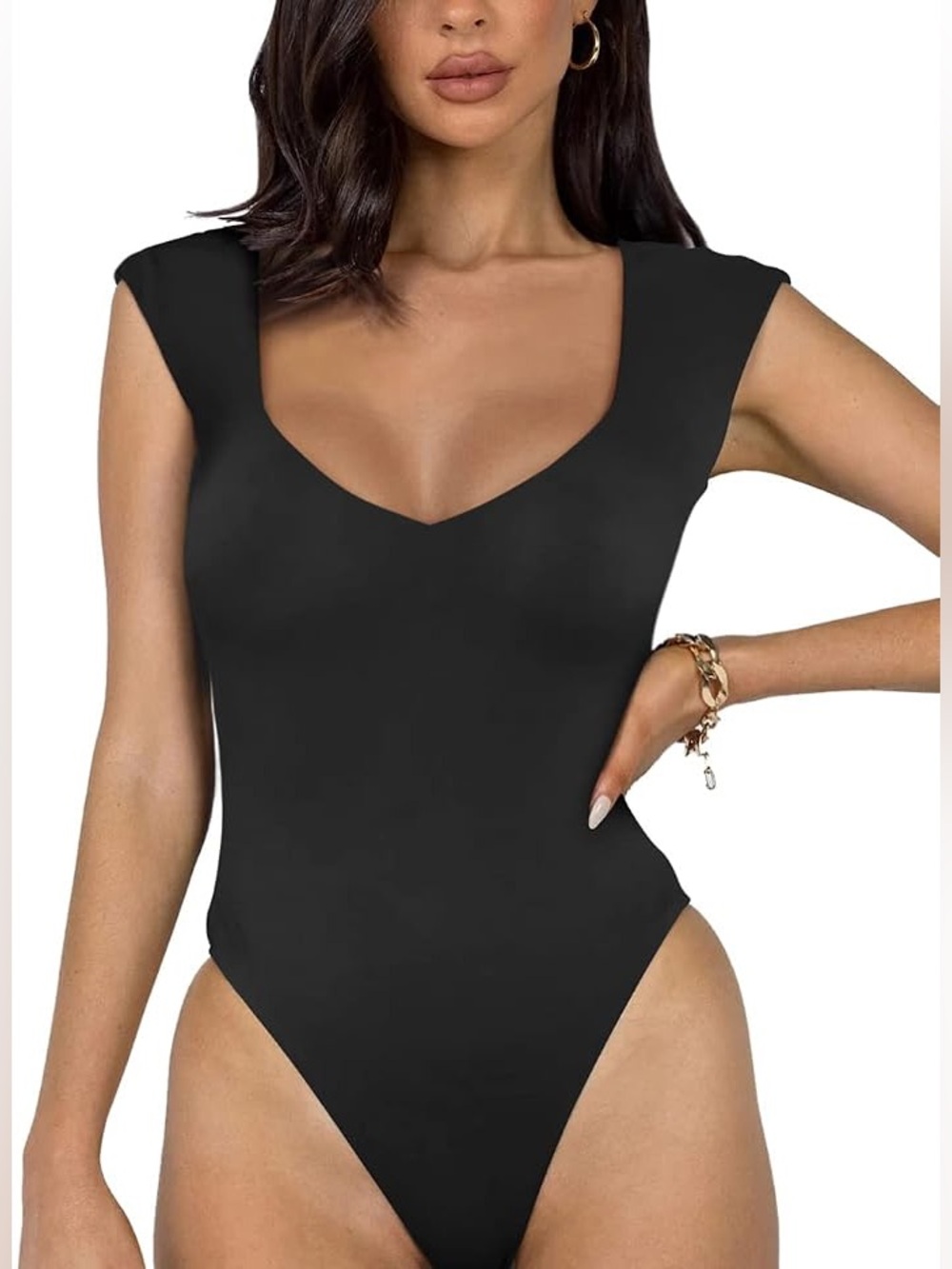 REORIA Women's Casual V Neck Double Lined Seamless Sleeveless bodysuit